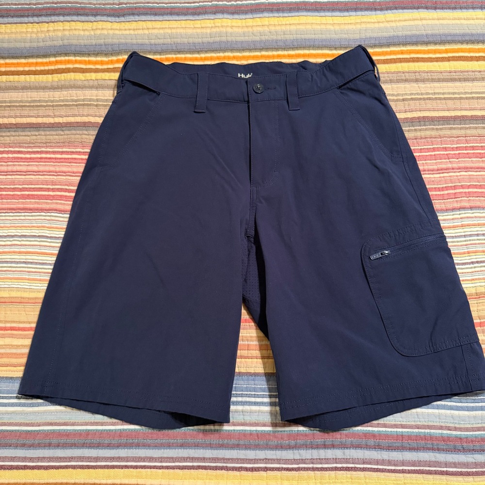 Huk Mens Performance Fishing Shorts Navy Blue Size M Cargo Stretch Mesh‎ Lining